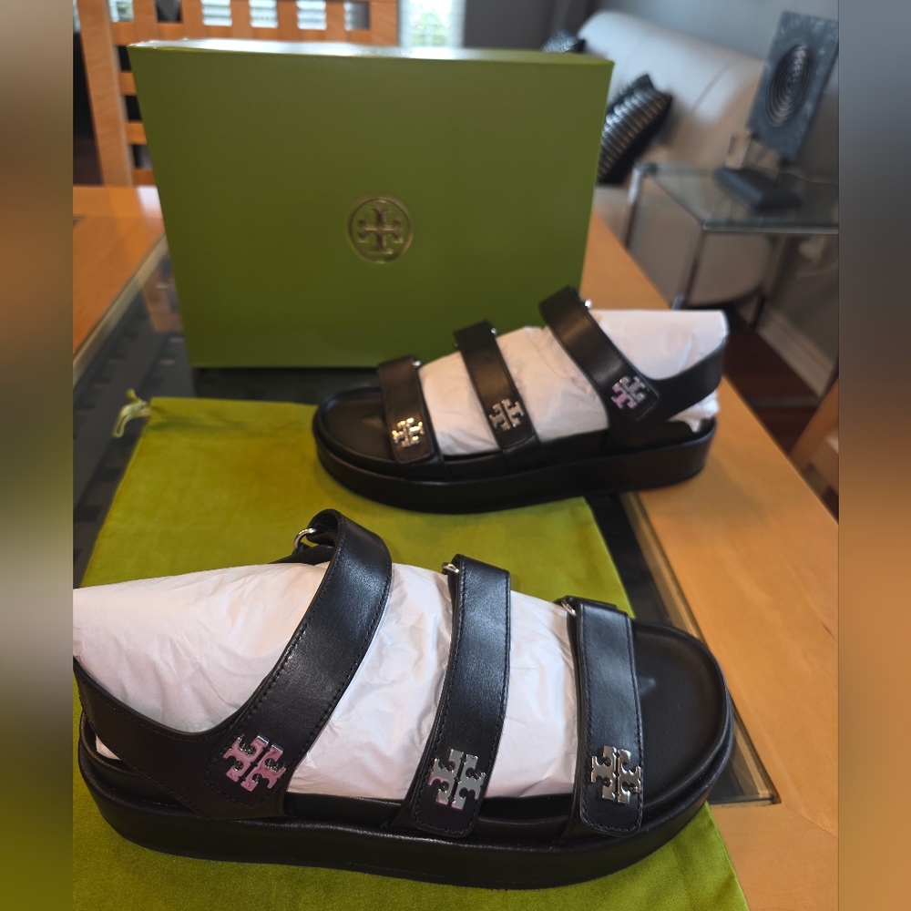 NWT Tory Burch Kira Triple Strap Black And Silver Sandals SOLD OUT EVERYWHERE - Picture 6 of 11